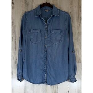 Chicos Button Up Shirt Size 0 Small Blue Tencel Lyocell Roll Tab Chambray READ